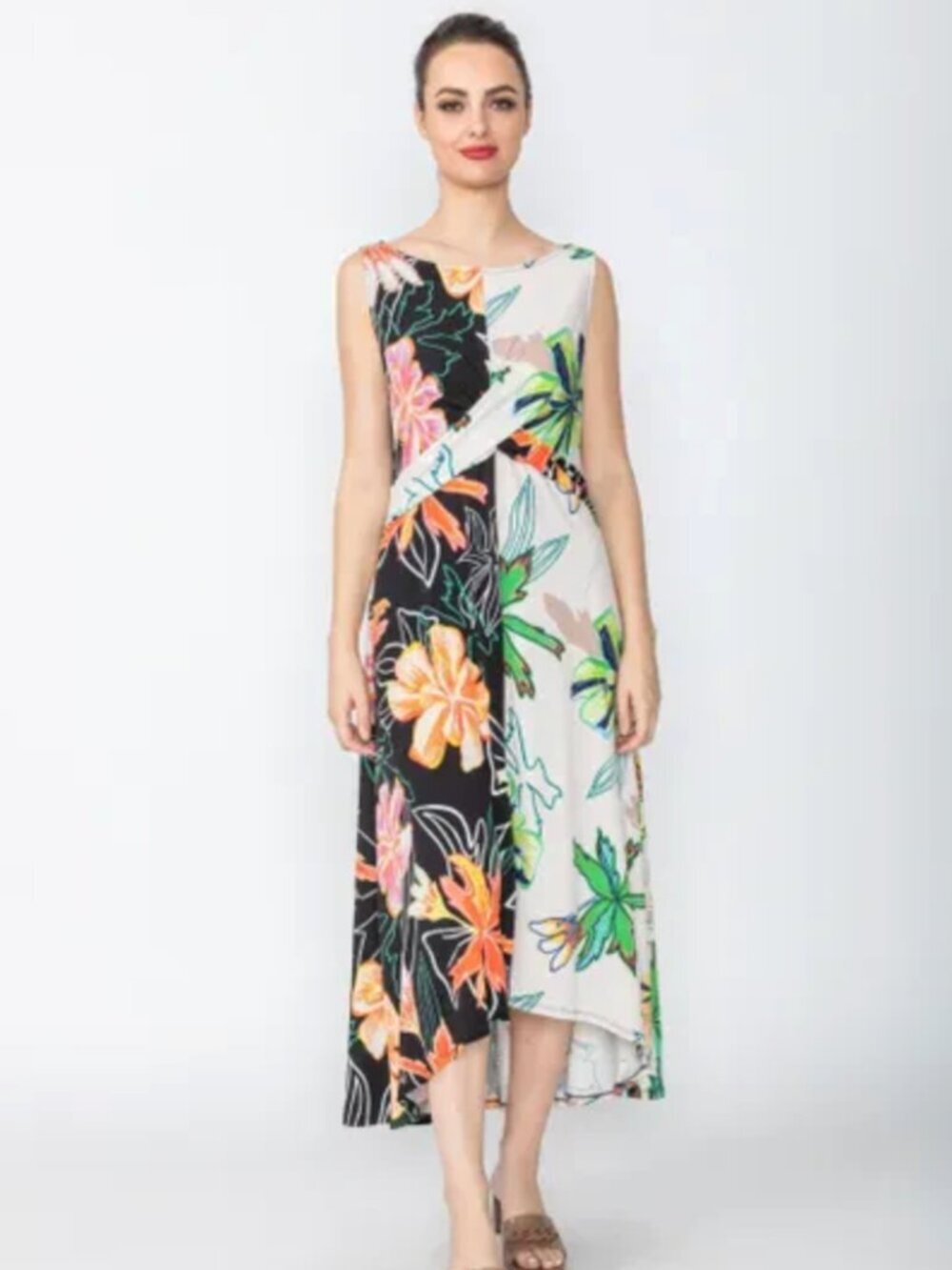 IC Collection Happy Print Split Sleevless Contrast Hi/Low Floral Midi Dress, M